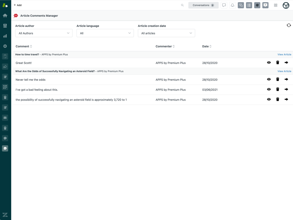 Zendesk Article Comments Manager app - Screenshot