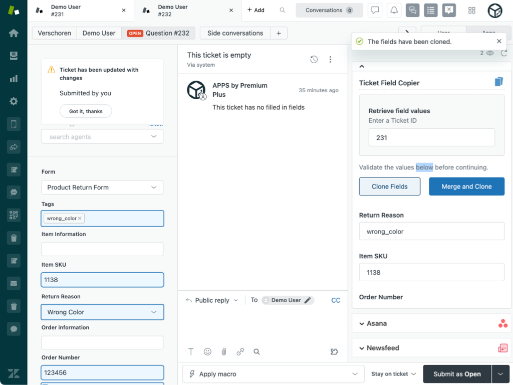Zendesk Ticket Field Copier app - Screenshot